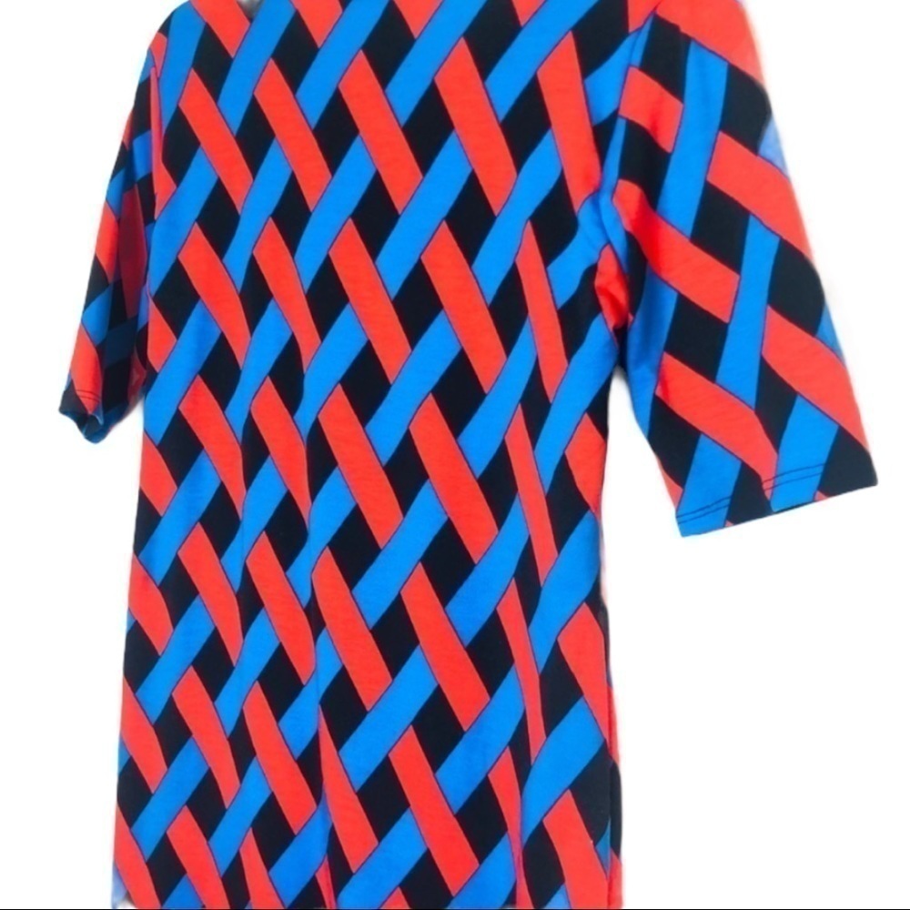 LuLaRoe Julia Midi Dress Orange Blue Black Woven Geometric Print Size M - Picture 2 of 5